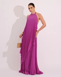Vestidos de Festa Longo Chiffon Fluido Frente Única Plissado Duplo Fúcsia