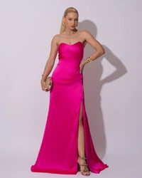 Vestido de Festa Longo Cetim Alfaiataria Tomara que Caia Fenda Pink