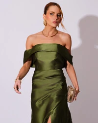 Vestido de Festa Longo Zibeline Ombro a Ombro Drapeado e Fenda Verde Oliva