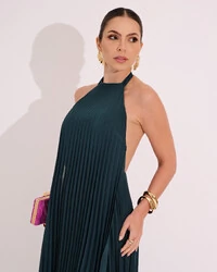 Vestidos de Festa Longo Chiffon Fluido Frente Única Plissado Duplo Verde Escuro