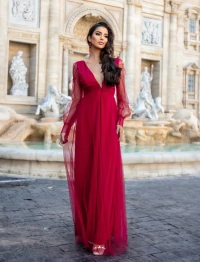 Vestido Longo Diana Tule Decote V Marsala