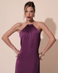 Vestido de Festa Longo Cetim Fluido com Argola Frente Única Roxo
