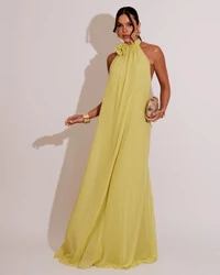 Vestido Longo Crepe Chiffon Frente Única Fluido Flor Removível Amarelo