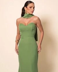 Vestido de Festa Longo Alfaiataria Tomara que Caia Saia Sereia com Lenço Verde Matcha