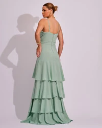Vestido Longo Frente Única em Crepe com Babados e Camadas Verde Menta