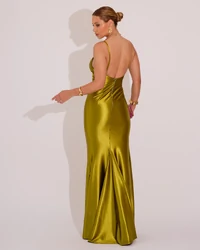 Vestido de Festa Longo Malha Cetim Busto Drapeado Saia Sereia Verde Oliva