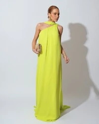 Vestido de Festa Longo Crepe Fluido um Ombro Só com Lenço Verde Lima