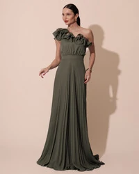 Vestido de Festa um Ombro Só Flor Saia Plissado Verde Oliva