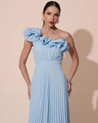 Vestido de Festa um Ombro Só Flor Saia Plissado Serenity