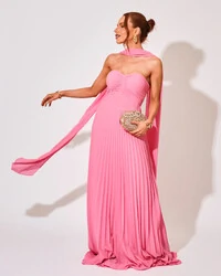 Vestido de Festa Longo Tomara que Caia Plissado com Lenço Rosa