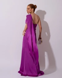 Vestido de Festa Longo Cetim Um Ombro Só Detalhe Lenço Fúcsia