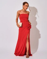 Vestido Longo Tomara que Caia Malha Fenda Vermelho