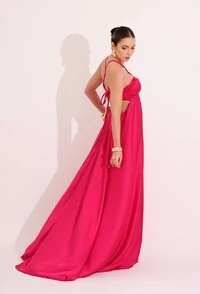 Vestido de Festa Longo Cetim Fluido Frente Única Costa Cruzada Pink