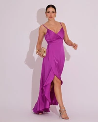 Vestido Midi Babado Acetinado Fúcsia