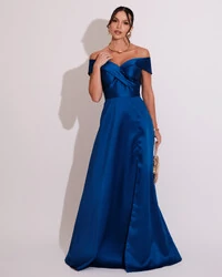 Vestido de Festa Longo Zibeline Ombro a Ombro com Fenda Azul Royal