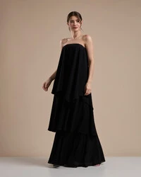 Vestido de Festa Longo Chiffon Crepe em Camadas com Lenço Preto