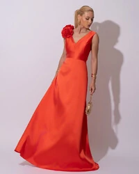 Vestido de Festa longo Zibeline Decote em V com Flores Removível Laranja