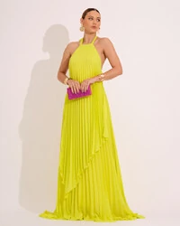 Vestidos de Festa Longo Chiffon Fluido Frente Única Plissado Duplo Verde Lima