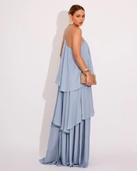 Vestido Longo Crepe Chiffon Babado em Camadas Serenity