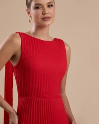 Vestido de Festa Longo Crepe Chiffon Plissado com Lenço nas Alças Vermelho New