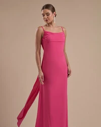 Vestido de Festa Longo Crepe Chiffon Costas Lenço Cauda Pink