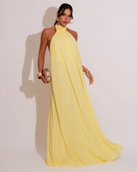 Vestido Longo Crepe Chiffon Frente Única Fluido Flor Removível Amarelo