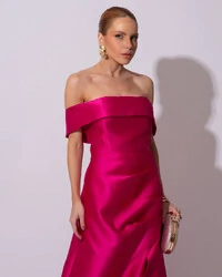 Vestido de Festa Longo Zibeline Ombro a Ombro Drapeado e Fenda Pink