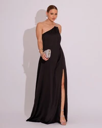 Vestido de Festa Longo Cetim Um Ombro Só Preto
