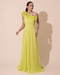 Vestido de Festa um Ombro Só Flor Saia Plissado Verde Lima