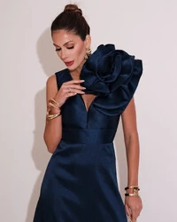 Vestido de Festa longo Zibeline Flor Azul Marinho
