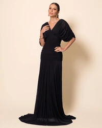 Vestido de Festa Longo Tule Manga Curta Drapeado Preto