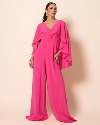 Macacão de Festa Longo Crepe Chiffon com Capa Pink New