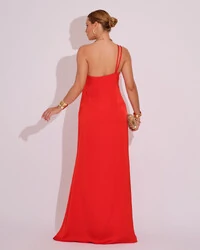 Vestido Longo de Festa em Cetim Fluido Um Ombro Só Vermelho