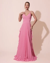 Vestido de Festa Longo Crepe Chiffon Alça Fina Saia Plissada com Babado Cascata Rosa