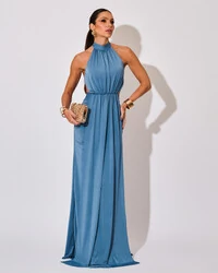 Vestido de Festa Longo Malha Jersey Gola Alta Saia Sereia Azul Atlantis