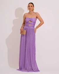 Vestido de Festa Longo Tule Brilho Tomara que Caia Recortes Lilás