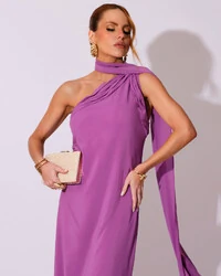 Vestido de Festa Longo Crepe Chiffon Um Ombro Só Drapeado Fúcsia