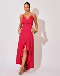 Vestido Midi Babado Acetinado Pink Escuro