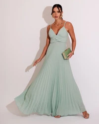 Vestido de Festa Longo Plissado Crepe Chiffon com Alça Menta