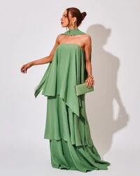 Vestido de Festa Longo Chiffon Crepe em Camadas com Lenço Verde Claro