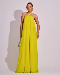 Vestido Longo com Amarração em Malha Verde Lima