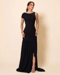 Vestido de Festa Longo Tule Faixa Detalhe Drapeado Preto