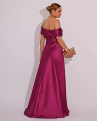 Vestido de Festa Longo Ombro a Ombro Laço Zibeline com Fenda Fúcsia