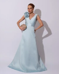 Vestido de Festa longo Zibeline Decote em V com Flores Removivel Tiffany