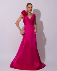 Vestido de Festa longo Zibeline Decote em V com Flores Removivel Pink