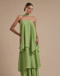 Vestido de Festa Longo Chiffon Crepe em Camadas com Lenço Verde Garden