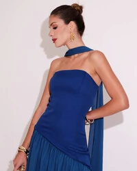 Vestido de Festa Longo Tomara que Caia Alfaiataria e Saia Crepe Chiffon e Lenço Azul Royal