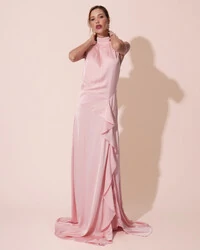 Vestido Longo de Festa Cetim Fluido Gola Alta e Babado Cascata Rose Gold