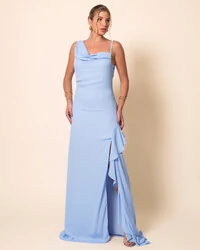 Vestido de Festa Longo Crepe Chiffon Degagê com Fenda e Babado Cascata Serenity