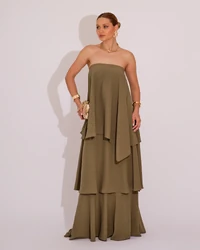 Vestido de Festa Longo Tomara que Caia em Camadas Verde Oliva